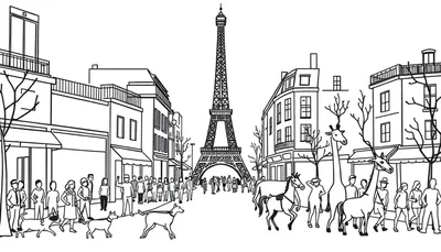 Zwart-wit lijntekening van een Parijse straat met de Eiffeltoren op de achtergrond, mensen, honden, paarden en giraffen.