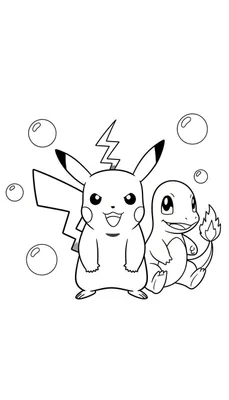 Zwart-witte lijntekening kleurplaat van Pikachu lachend met een bliksemschicht boven zijn hoofd en Charmander zittend met een vlammetje op zijn staart, omringd door bellen.