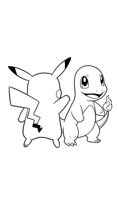 Kleurplaat van Pikachu die achter Charmander staat, met hun staarten en oren deels ingekleurd.
