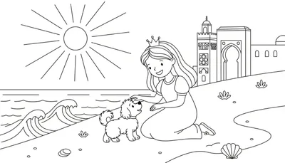 Kleurplaat van een prinses die een hondje aait op het strand bij een paleis onder een stralende zon.