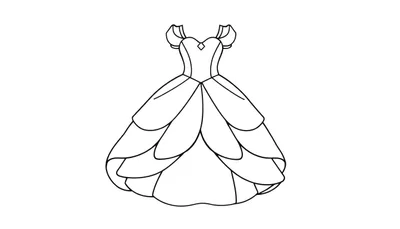 Kleurplaat van een elegante prinsessen galajurk met een hartvormige halslijn, off-shoulder mouwen en een wijd uitlopende, gelaagde rok. Lijntekening op witte achtergrond.