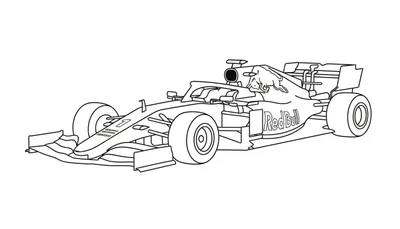 Zwart-witte lijntekening van een Red Bull Formule 1-raceauto, gestileerd als kleurplaat, met het nummer '1' op de neus, afgebeeld op een witte achtergrond.