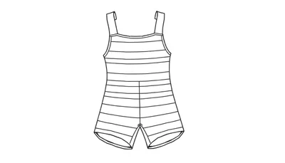 Zwart-witte lijntekening van een vintage badpak met smalle bandjes, rechte halslijn, horizontale strepen en korte pijpjes.