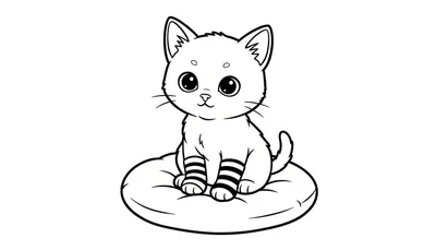Zwart-wit lijntekening kleurplaat van een schattig katje dat rechtop op een rond kussen zit.