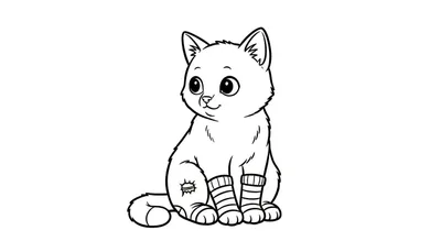 Zwart-wit lijntekening van een schattige cartoon kat met gestreepte sokken en een pleister op zijn achterpoot, zittend op een witte achtergrond.