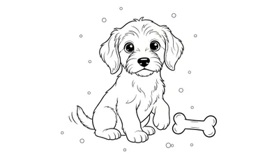 Kleurplaat van een schattige, zittende pup met een bot, omringd door kleine cirkels.