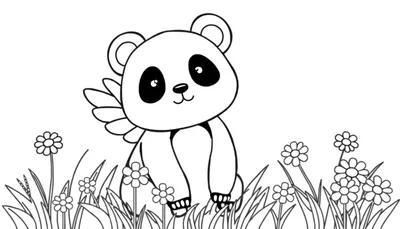 Zwart-wit tekening van een schattige panda met kleine vleugels, zittend in een bloemenveld, klaar om ingekleurd te worden.