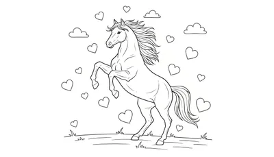 Zwart-wit lijntekening van een paard dat steigert in een weide, met hartjes en wolkjes eromheen.