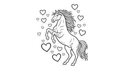 Zwart-wit tekening van een steigerend paard met zwierige manen en staart, omringd door hartjes van verschillende groottes op een witte achtergrond, geschikt als kleurplaat.