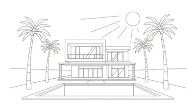 Kleurplaat van een moderne villa met een rechthoekig zwembad op de voorgrond, omringd door vier palmbomen. De zon schijnt in de rechterbovenhoek. Zwart-witte lijntekening.