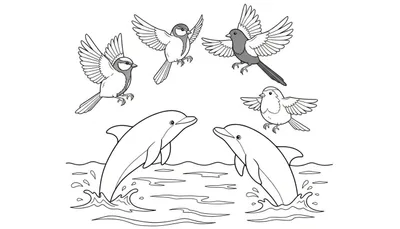 Kleurplaat met vliegende vogels en springende dolfijnen in een dynamische compositie.
