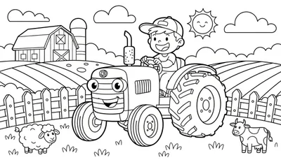 Zwart-wit kleurplaat van een vrolijke jongen met pet op een lachende tractor, met een schaap en een koe op de voorgrond, boerderij en zon op de achtergrond.