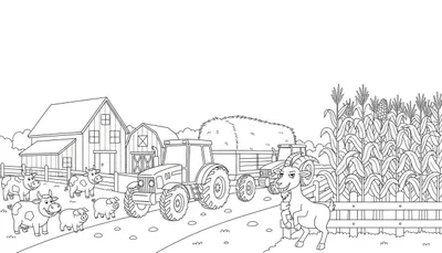 Zwart-wit kleurplaat van een boerderij met boerderijgebouwen, koeien, varkens, een tractor met hooi, een tweede tractor en een maïsveld met een geit.