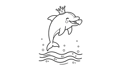 Zwarte lijntekening kleurplaat van een blije dolfijn met een kroon en hartje die uit het water springt, omringd door bubbels en golven.