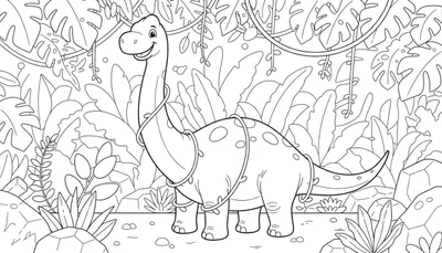 Kleurplaat van een glimlachende langnekdinosaurus omringd door tropische planten en lianen.