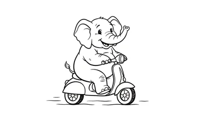 Zwart-wit tekening van een blije cartoon olifant met grote oren, die op een retro scooter rijdt met bewegingsstreepjes onder de wielen.