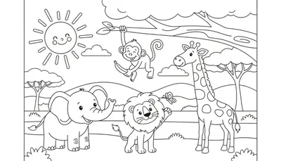 Kleurplaat van een safari met een lachende zon, aap, giraffe, olifant en leeuw in een savannelandschap.