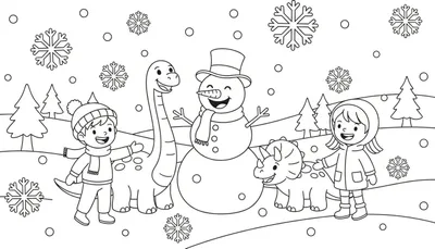 Kleurplaat met twee lachende kinderen in winterkleding, een langnek dinosaurus, een triceratops, een sneeuwpop, sneeuwvlokken en dennenbomen.