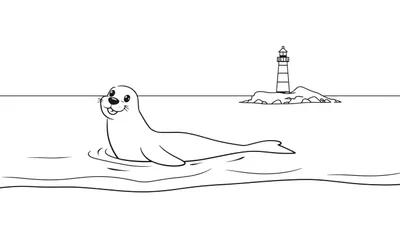 Zwart-wit kleurplaat van een lachende zeehond met snorharen die in het water zwemt. Golven zijn zichtbaar. Op de achtergrond een vuurtoren op een rotsachtig eiland.