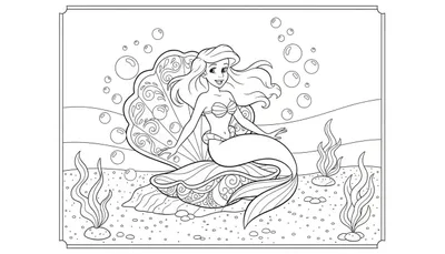 Zwart-wit lijntekening van een glimlachende zeemeermin met golvend haar en een schelpenbeha, zittend in een grote, sierlijke schelp. Luchtbellen, zeewier en steentjes op de zeebodem, omkaderd door een decoratieve rand.