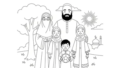 Zwart-witte kleurplaat van een lachende moslimfamilie van vijf, met vader, moeder met niqab, twee dochters en een zoon met voetbal, tegen een achtergrond van een boom, zon, wolken en een moskee.
