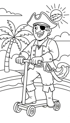 Een zwart-wit tekening van een lachende piraat met een ooglapje en driekantige hoed, staand op een vierwielige step, met een palmboom en zon op de achtergrond.