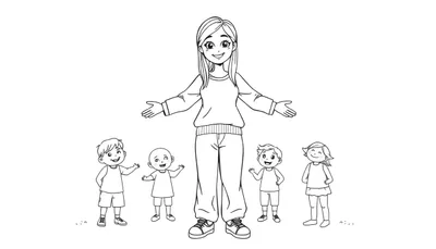 Zwart-wit tekening van een lachende vrouw met uitgestrekte armen, omringd door vier lachende kinderen van verschillende leeftijden.