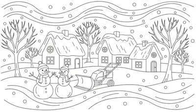 Kleurplaat van een gezellig winterlandschap met vallende sneeuw, drie huizen, kale bomen, twee sneeuwpoppen en een sneeuwruimer op besneeuwde heuvels.