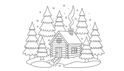 Kleurplaat van een winterlandschap met een blokhut, dennenbomen en vallende sneeuwvlokken.