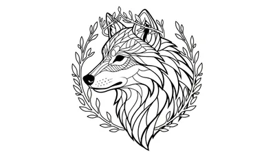 Zwart-witte lijntekening van een gestileerde wolvenkop in profiel, met gedetailleerde geometrische patronen in de vacht en een krans van bladeren eromheen.