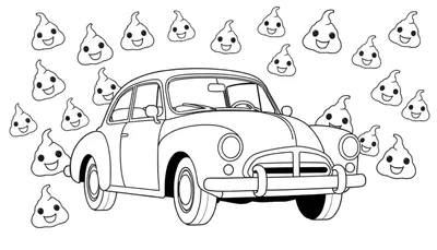 Zwart-wit kleurplaat van een klassieke sedan auto met een grille en koplampen, omringd door 19 kleine, drolvormige figuurtjes met lachende gezichtjes.