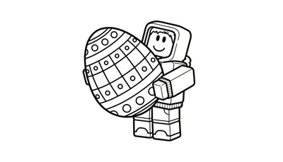 Kleurplaat van een Roblox avatar met een glimlach die een groot, versierd paasei vasthoudt.