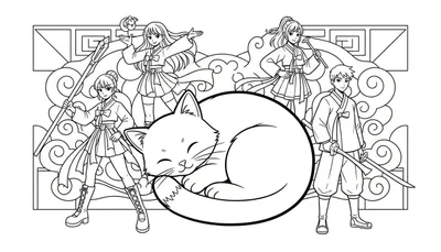 Zwart-wit anime kleurplaat van een grote, slapende kat omringd door vier jonge figuren in Hanbok-achtige kleding: een meisje met een speer, een dansend meisje met een belletje, een meisje met een fluit, en een jongen met twee zwaarden. Sierlijke wolken op de achtergrond.