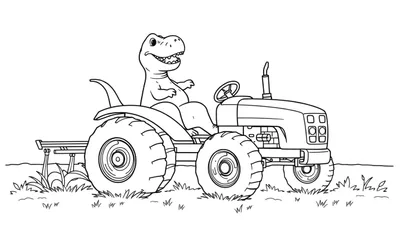 Kleurplaat van een lachende T-Rex dinosaurus die een tractor bestuurt op een veld.