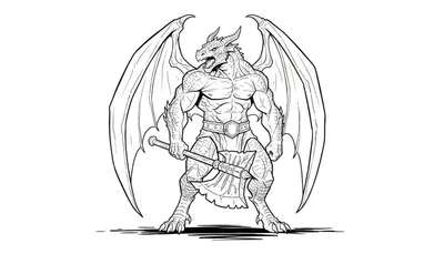 Zwart-wit lijntekening van een gespierde drakenmens met hoorns, een geopend bek met tanden, grote vleermuisvleugels, een versierde riem, een kort rokje en een breedbladige strijdbijl. De achtergrond is leeg.
