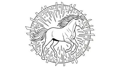 Zwart-wit lijntekening van een paard in galop omringd door abstracte geometrische vormen en stralende lijnen.