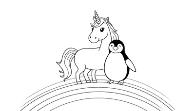 Een eenhoorn en een pinguïn staan samen op een regenboog, getekend als een zwart-wit lijntekening.