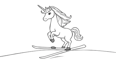 Een zwart-wit tekening van een eenhoorn die op zijn achterpoten skiet met zijn voorpoten in de lucht, klaar om gekleurd te worden.