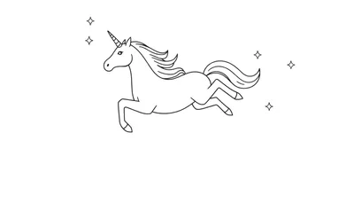Eenhoorn die springt, omringd door sterren, eenvoudige lijntekening, kleurplaat.