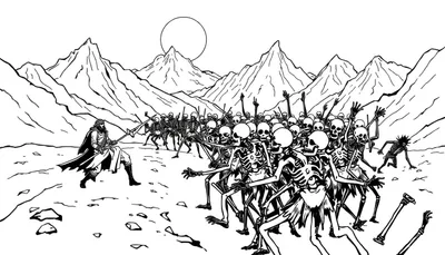 Zwart-wit tekening van een bebaarde krijger met speer die vecht tegen een horde skeletten in een berglandschap.