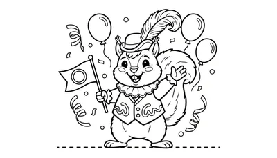 Een zwart-wit lijntekening van een vrolijke eekhoorn met een hoed met veer, kraag en vestje, die zwaait met zijn hand en een vlaggetje vasthoudt, omringd door ballonnen, slingers en confetti.