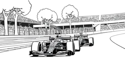 Zwart-wit lijntekening van een Formule 1 race met auto's in een bocht, tribunes vol toeschouwers en bomen.