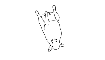Zwart-wit lijntekening van een vrolijk baby dier dat op zijn rug ligt met poten in de lucht en een luier om zijn buik.