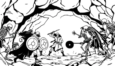 Zwart-wit illustratie van een gevecht in een grot: bebaarde krijgers met schilden en een speer, tegenover een horde skeletten, waarvan één met een grote mace.