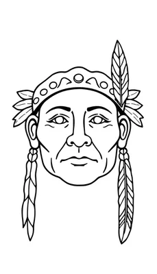 Zwart-wit lijntekening van het gezicht van een man met een gedetailleerde hoofdband en veren, in de stijl van inheemse Amerikaanse culturen.