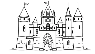 Zwart-wit tekening van een groot kasteel met torens, ramen, vlaggen en een lachende prinses met kroon.