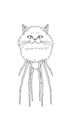 Cartoon kleurplaat van een wezen met een pluizige witte kattenkop en acht dunne zwarte poten.