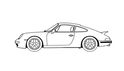 Zwart-wit lijntekening van een klassieke Porsche 911 sportwagen in profiel, weergegeven tegen een witte achtergrond, met duidelijke weergave van koplampen, velgen, zijspiegel en achterspoiler.