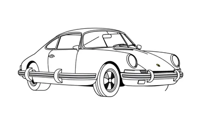 Lijntkening van een klassieke Porsche 911 in driekwart vooraanzicht, zwart-wit met kleuraccenten op logo en velgen.