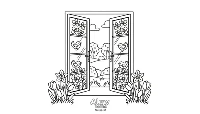 Kleurplaat van open dubbele deuren met uitzicht op een zonnig landschap, bloemen en vogeltjes in de deuren, en tulpen en narcissen op de voorgrond. Tekst 'Aluw DOORS Nunspeet'.